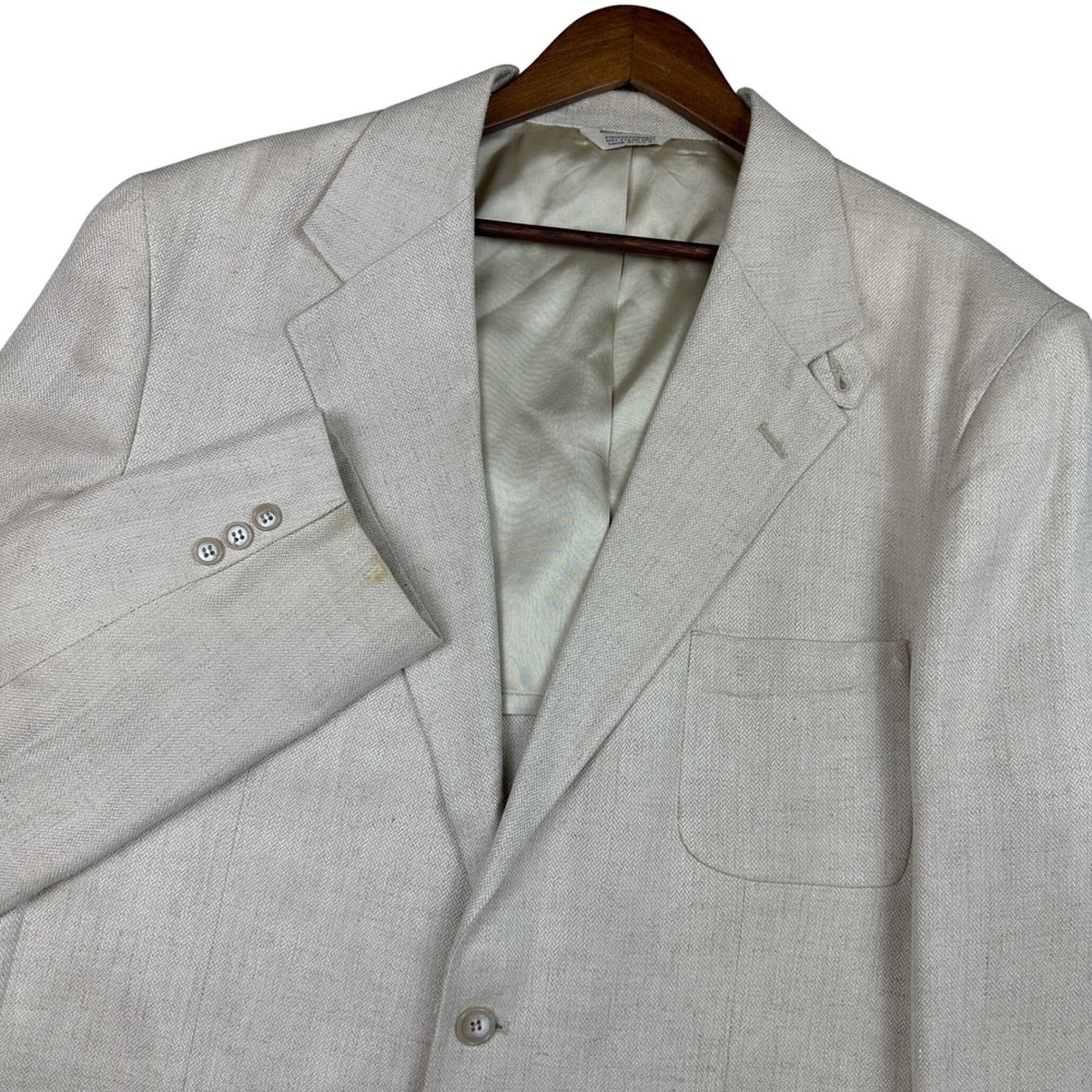 Orvis Mens Cotton Herringbone Sport Coat Blazer Cream Beige Made in USA 46L